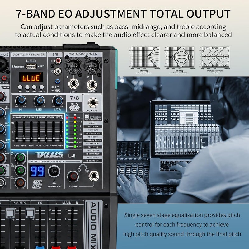 TKLBLS Audio Mixer, Professional 8 Channel DJ Mixer Board with 99-Bit DSP, Sound Board Mixing Console 7-Band EQ Output, USB Audio Interface, Bluetooth 48V Phantom Power For Karaoke Studio Streaming - Image 4